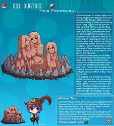 3girls :3 big_breasts breasts brown_body chest_jewel chibi clever_censor dugtrio english_text featureless_breasts female female_focus highres humanized humanoid kinkymation mineral_fauna mineral_humanoid nintendo page_51 page_number pokémon_(species) pokedex pokemon pokemon-girl_encyclopedia pokemorph pokemusu profile rock_creature rock_humanoid text text_box wall_of_text wide_hips rating:Questionable score:130 user:!nner$elf89