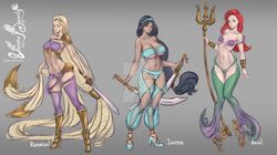 3girls aladdin arabian arabian_clothes ariel bare_shoulders belly black_hair blonde_hair boots bracelet cleavage cleavage_cutout clothing crossover disney disney_princess ensouwon fit fit_female harem_outfit harem_pants large_breasts long_hair medium_breasts navel princess_jasmine rapunzel red_hair royalty shoes shoulder_armor small_breasts sword tangled the_little_mermaid trident very_long_hair watermark rating:Questionable score:133 user:TheKindHaremMaster