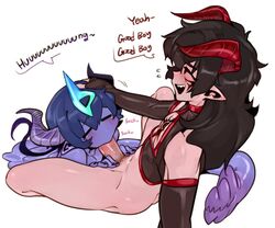 2boys anthro black_sclera blue_body blue_fur bottomless demon_king demon_king_(in) docu_(doppel) doppel elbow_gloves english_text fellatio femboy femboy_on_femboy femboy_on_male fur girly hand_on_head head_tilt horn lagomorph leporid male male/male male_only monster_boy oral oral_sex penis pointy_ears short_hair simple_background tail text trap white_background yellow_eyes yellow_sclera rating:Explicit score:288 user:Muzizir