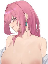  bare_shoulders black-framed_eyewear collarbone earrings female highres jaihu jewelry long_hair looking_at_viewer off_shoulder out-of-frame_censoring parted_lips pink_hair solo tsukishiro_yanagi zenless_zone_zero  rating:questionable score: user:bot