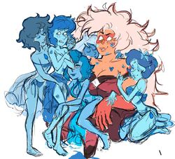 6girls alien artist_request assertive assertive_female blue_hair blue_skin blush blushing breasts cartoon_network cleavage embarrassed female female_only gem_(species) gemsona group jasper_(steven_universe) kiss_mark lapis_lazuli_(gem) lapis_lazuli_(steven_universe) larger_female lipstick_mark long_hair lots_of_lipstick_marks muscle_worship no orange_skin short_blue_hair short_hair sitting_on_lap size_difference steven_universe tagme topless topless_female undressing white_background yuri rating:Explicit score:61 user:+Sheltem+