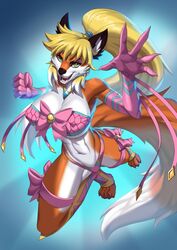 2019 5_fingers alanscampos anthro blonde_hair bra commission female_fox fox furry highres long_gloves pink_bra pink_gloves tail rating:Questionable score:19 user:Schnuron93