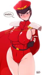 1girls belt black_hair blush breasts cameltoe cape cosplay covered_nipples crossed_arms elbow_gloves fatelogic female fingerless_gloves frown gloves hat highleg highleg_leotard large_breasts leotard looking_at_viewer m_bison nail_polish peaked_cap red_eyes red_leotard red_nails rule_63 shoulder_pads simple_background skin_tight solo street_fighter white_background rating:Questionable score:53 user:Shaded_Cube