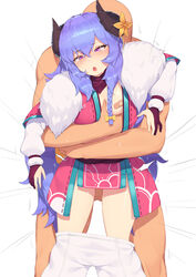 1boy 2020 ahoge alternate_costume alternate_eye_color alternate_hair_color alternate_hairstyle bandaid bandaids_on_nipples bangs blush breast_grab breasts ce-_-3 curled_horns dress eyebrows_visible_through_hair female fingerless_gloves flower fur gloves grabbing hair_between_eyes hair_flower hair_ornament highres horns implied_sex japanese_clothes kindred lamb_(league_of_legends) league_of_legends lifting_person long_hair no_bra no_panties nude open_mouth pants pants_removed partly_fingerless_gloves pasties pepper0 purple_hair ribbon riot_games sex simple_background small_breasts spirit_blossom_kindred spirit_blossom_series straight sweat tearing_up twintails vaginal_penetration white_fur rating:Explicit score:127 user:bot