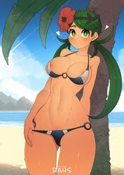 1girls areolae big_breasts bikini blush breasts eye_contact female female_only flower flower_in_hair green_eyes green_hair looking_at_viewer mallow_(pokemon) micro_bikini nintendo pokemon pokemon_sm pussy_peek ra4s solo tan-skinned_female tan_skin thick_thighs thighs toned_female trial_captain twintails rating:Questionable score:195 user:Ugabuga