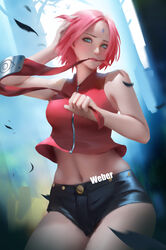 1girls boruto:_naruto_next_generations breasts clothes clothing facial_mark female female_only forehead_mark forehead_protector forest green_eyes hand_on_head holding_object leaves naruto naruto:_the_last naruto_(series) naruto_shippuden navel object_in_mouth outdoors pink_hair posing sakura_haruno short_hair short_shorts shorts sleeveless solo tree weber_(artist) wind rating:Safe score:114 user:UnrealHarbor