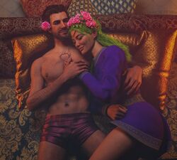 3d 3d_(artwork) 3d_model baldur's_gate baldur's_gate_3 boxers_only cuddling flower_crown flower_in_hair gale_dekarios green_hair happy loving loving_couple loving_embrace mahtsazizi male/female oc original_character original_female_character partially_nude_male peaceful romantic romantic_ambiance romantic_couple sensual tattoo_on_chest tav_(baldur's_gate) wholesome rating:Safe score:17 user:BaraBabe4589