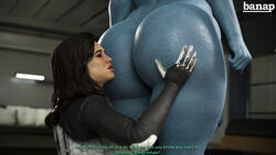 2girls asari ass ass_focus ass_worship banap black_hair blue_body blue_skin clothed clothed_female clothed_female_nude_female dialogue fat_ass head_on_ass imminent_anilingus imminent_rimming mass_effect miranda_lawson multiple_girls naked naked_female nude nude_female nude_female_clothed_female text rating:Explicit score:73 user:Slowmoguy