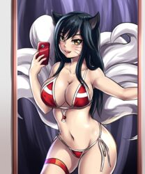 1girls ahri animal_ears animal_tail big_breasts bikini black_hair female fox_ears large_breasts league_of_legends leonart long_hair mirror multiple_tails phone riot_games selfie thick_thighs thighs wide_hips yellow_eyes rating:Safe score:69 user:Ugabuga