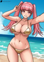 1girls 2024 alternate_costume ass_visible_through_thighs beach bikini blue_sky blunt_bangs breasts cleavage cloud clouds day daytime female female_only fire_emblem fire_emblem:_three_houses gold_bikini gold_swimsuit hayato_stuff highres hilda_valentine_goneril large_breasts long_hair looking_at_viewer midriff navel nintendo ocean outdoors peace_sign pink_eyes pink_hair sand shiny_breasts shiny_skin smile solo summer swimsuit thighs twin_braids twintails v yellow_bikini yellow_swimsuit rating:Questionable score:31 user:kris923