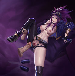 1girls abs akali blue_eyes breasts choker hat k/da_akali k/da_series lan_xiezi league_of_legends nipples open_jacket partially_clothed penis pubic_hair purple_hair pussy spray_paint tagme torn_clothes rating:Explicit score:94 user:LukeSkyLuke