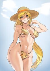 arc_system_works ashiomi_masato bikini blonde_hair blue_eyes blush guilty_gear hat looking_at_viewer millia_rage navel outdoors pinup pose solo solo_focus standing very_long_hair rating:Questionable score:119 user:orbitjewel