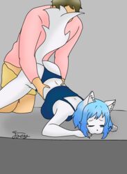  biting_sheets blue_hair downward_dog from_behind purringnsfw_(artist) virtual_youtuber white_skin wolf_ears wolf_girl wolf_tail wolfychu youtube youtuber  rating:explicit score: user:adudeonr3461