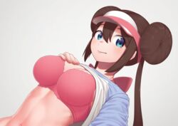 1girls big_breasts blush bra breasts brown_hair clothing double_bun female female_protagonist nintendo pale-skinned_female pale_skin pokemon pokemon_bw2 putcher rosa_(pokemon) shirt_lift solo twintails rating:Questionable score:92 user:Ugabuga