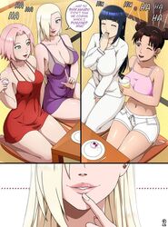 4girls blonde_hair breast_size_difference brown_eyes clothed_female comic curvy dark_blue_hair eating english_text female female_only food green_eyes human hyuuga_hinata ino_yamanaka large_breasts laughing medium_breasts multiple_girls naruto naruto_(series) naruto_shippuden page_2 pink_hair sakura_haruno shorts smile stormfeder tenten text voluptuous rating:Questionable score:223 user:MadaraZK