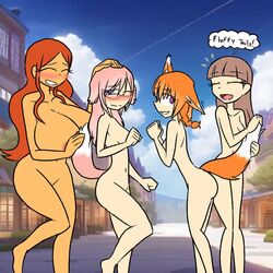 4girls ass breasts brown_hair clara_garcia cleavage covering covering_breasts covering_crotch dog_ears dog_girl dog_tail exhibitionism female female_only fox_ears fox_girl fox_tail glasses hope_(thereaperproject) human humanoid jazz_(pv720) joana_jimenez large_breasts long_hair nairod103098 navel nipple_peek nude nude_female pink_hair public_nudity short_hair small_breasts tagme tail rating:Questionable score:8 user:Antipenitant