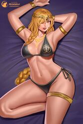 1girls armpits astrowolf big_breasts bikini blonde_hair bracelet cleavage elden_ring exposed_thighs female female_only fromsoftware gold_eyes legband open_clothes pinup queen_marika_the_eternal sideboob solo thick_legs thick_thighs toned_female rating:Questionable score:59 user:Hawthorne452