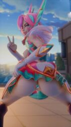 3d ass breasts buttplug cum league_of_legends lifting_skirt looking_at_viewer otaviox6 purple_eyes pussy rooftop star_guardian_series v_sign xayah rating:Explicit score:25 user:mag5666