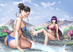 2girls asian asian_female bikini black_hair blue_bikini capcom chun-li female female_only hair_bun hot_spring juri_han light-skinned_female light_skin multiple_girls purple_bikini purple_hair smiling splashing street_fighter thotlerrr treartz rating:Safe score:35 user:Private_Geek