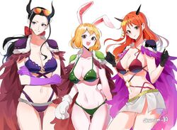 3girls anthro arms_folded beast_pirates beast_pirates_(cosplay) bikini bikini_uniform black_hair blonde_hair bra bunny_ears cape carrot_(one_piece) female female_only furry gloves hair_ornament horn horns latex light-skinned_female long_hair nami navel nico_robin one_piece orange_hair panties post-timeskip rabbit_ears rabbit_humanoid saram_80 short_hair shoulder_pads skimpy skirt smile standing sunglasses_on_head swimsuit tongue_out rating:Safe score:251 user:lespam_605