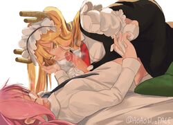 aoaobluepale blonde_hair censored clothed dragon_girl fellatio female futa_on_female futanari glasses holding_hands horns image_set kobayashi laying_on_bed magenta_hair maid maid_headdress miss_kobayashi's_dragon_maid necktie orange_eyes penis pink_hair tohru_(dragon_maid) rating:Explicit score:85 user:AinTunez