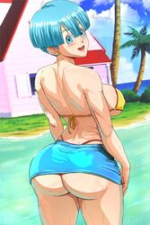 1girls ass beach big_ass big_breasts bikini bikini_top blue_eyes blue_hair breasts bulma_briefs dat_ass dragon_ball dragon_ball_z earrings female female_only kame_house krabby_(artist) large_breasts lipstick looking_at_viewer looking_back makeup red_lips red_lipstick short_hair skirt solo swimsuit thong thong_bikini water watermark whale_tail rating:Questionable score:200 user:justausername