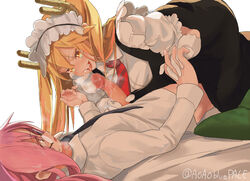 2girls aoaobluepale artist_name blonde_hair censored commentary_request cowgirl_position cum cum_in_mouth dragon_girl fellatio futa_with_female futanari glasses gloves heart heart-shaped_pupils highres holding_hands image_set kobayashi lying maid maid_headdress miss_kobayashi's_dragon_maid multiple_girls on_back open_mouth oral orange_eyes penis pink_hair symbol-shaped_pupils teeth tohru_(dragon_maid) tongue twitter_username watermark white_background yellow_eyes rating:Explicit score:117 user:bot