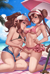 2girls artist_name bangs barefoot baseball_cap beach beach_towel beach_umbrella bikini bird black_bikini blue_eyes blue_shorts blush breast_sucking breasts brown_hair censored cloud commentary day double_bun english_commentary exlic feet futa_with_futa futanari hair_between_eyes hand_on_another's_head hat high_ponytail highres hilda_(pokemon) kneeling long_hair multiple_girls navel nintendo nipples ocean one_eye_closed open_mouth patreon_username pink_bikini pink_towel pink_umbrella pokemon pokemon_bw pokemon_bw2 ponytail rosa_(pokemon) sand shade short_shorts shorts sky soles swimsuit teeth toes tongue towel twintails two-tone_headwear umbrella visor_cap water watermark web_address rating:Explicit score:328 user:bot