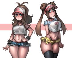 2girls black_thong blue_eyes blush breasts brown_hair choker double_bun eye_contact female hat hilda_(pokemon) kelvin_hiu long_hair looking_at_viewer minishorts miniskirt nintendo pale-skinned_female pale_skin pokemon pokemon_bw pokemon_bw2 ponytail rosa_(pokemon) shorts thick_thighs thighhighs thighs thong twintails wide_hips rating:Questionable score:251 user:Ugabuga