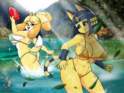 2019 alternate_body_type alternate_breast_size animal_crossing ankha anthro ass big_breasts big_butt bikini blue_eyes blush breasts canid canine canis clothed clothing domestic_cat domestic_dog duo egyptian felid feline felis female frisbee fur grey_eyes hair haloowl holding_object isabelle_(animal_crossing) lake light looking_back mammal nintendo open_mouth outside shih_tzu sunlight swimwear teeth thick_thighs tongue toy_dog tree video_games wide_hips yellow_body yellow_fur rating:Questionable score:102 user:deleted4741