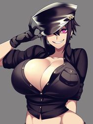 belly_button big_breasts black_hair breasts camui_kamui cap evil_grin female gloves hat huge_breasts one_eye_covered red_eyes seductive short_hair smile thin_waist unbuttoned zepia_(camui_kamui) rating:Explicit score:315 user:Bluehawaii095