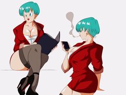 1girls blue_hair bulma_briefs canon_smoker cigarette cleavage dragon_ball dragon_ball_z female female_only huge_breasts milf nala1588 office_lady short_hair shounen_jump smoking solo solo_female rating:Explicit score:76 user:Dragonballgt9999