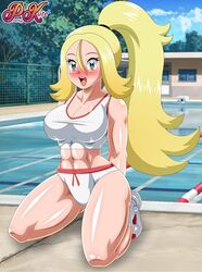 1girls 2020 abs artist_name big_breasts blonde_hair blush breasts female game_freak gray_eyes hourglass_figure kneeling korrina_(pokemon) long_hair long_ponytail looking_at_viewer nintendo open_mouth outdoors pk-studios pokemon pokemon_xy ponytail pool poolside shoes solo sports_bra thick_thighs thighs rating:Explicit score:50 user:Ugabuga