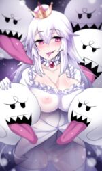 boo_(mario) boosette choker crown hinghoi large_breasts long_tongue luigi's_mansion mario_(series) new_super_mario_bros._u_deluxe nintendo nipples nipples_visible_through_clothing pink_eyes pussy saliva_string see-through_clothing tagme tongue tongue_out white_dress rating:Explicit score:138 user:LustyKitty