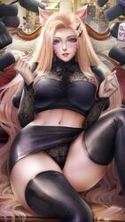 ahri animal_ears black_legwear black_panties blonde_hair blue_eyes blush female fox_ears k/da_all_out_ahri k/da_all_out_series k/da_series kaze_no_gyouja kpop lace-trimmed_panties league_of_legends looking_at_viewer microphone midriff miniskirt panties parted_lips riot_games the_baddest_ahri thighhighs upskirt windwalker rating:Explicit score:167 user:ditmechungmay