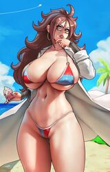 1girls android_21 android_21_(human) beach bikini blue_eyes breasts dragon_ball dragon_ball_fighterz eu03 female footwear glasses hips ice_cream large_breasts light-skinned_female light_skin long_hair outdoors red_hair skindentation solo thick_thighs thighs vomi_(dragon_ball) wide_hips rating:Explicit score:188 user:Liberius1