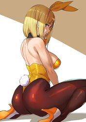 arc_system_works ashiomi_masato ass back_view blonde_hair blue_eyes bunny_ears bunny_girl bunny_tail bunnysuit guilty_gear high_heels kneeling leotard long_hair looking_at_viewer looking_back millia_rage pinup pose simple_background solo_focus rating:Questionable score:167 user:orbitjewel