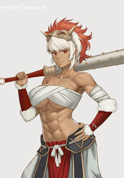 1girls abs areolae bare_midriff chest_sarashi cleavage club_(weapon) collarbone dakkalot dark-skinned_female dark_skin female female_only fire_emblem fire_emblem_fates hand_on_hip large_breasts looking_at_viewer mask midriff muscular muscular_female nintendo red_eyes rinkah_(fire_emblem) sarashi short_hair solo underboob weapon white_hair rating:Explicit score:92 user:kris923