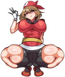 1girls ass ass_visible_through_thighs big_breasts bike_shorts black_shorts blush bottomwear breasts brown_hair cameltoe clothing fellatio_gesture female full_body game_freak hair hand_sign headband headwear huge_breasts legs legs_apart may_(pokemon) pokemon pokemon_rse purple_eyes red_shirt shirt shoes shorts smile squatting thick_thighs thighs tongue tongue_out topwear volyz rating:Explicit score:124 user:daft_human