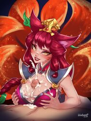 1boy 1girls ahri amber_eyes armor blush cat_ears cum cum_on_breasts cum_on_face cumshot foxfire_ahri hair_ornament league_of_legends nipple_bulge paizuri penis penis_between_breasts pink_hair velvetqueenh rating:Explicit score:145 user:Gnome_(MGQ_fan)