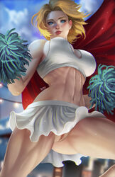 1girls abs ass ass_visible_through_thighs bare_legs bare_midriff big_breasts blonde blonde_hair blue_eyes blush blushing bottomless breasts butt cape cheerleader crop_top dc dc_comics female female_only going_commando kara_zor-l karen_starr labia large_breasts light-skinned_female light_skin miniskirt navel no_panties nopeys power_girl pussy pussy_peek red_cape short_hair skirt skirt_up solo superman_(series) sweat toned toned_female vagina rating:Explicit score:217 user:acds