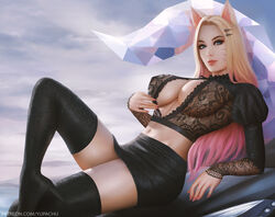 1girls ahri big_breasts blonde_hair breasts cleavage female female_only high_heel_boots high_heels k/da_ahri k/da_series large_breasts league_of_legends looking_at_viewer nipples nipples_visible_through_clothing pink_highlights riot_games solo the_baddest_ahri thighhighs yupachu rating:Explicit score:267 user:justausername