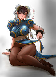 blush breasts brown_hair bun_cover capcom chiba_shuusaku chinese_clothes chun-li double_bun nipples_visible_through_clothing pantyhose pelvic_curtain solo solo_female solo_focus spiked_bracelet street_fighter thick_thighs thighs tunic rating:Questionable score:69 user:MaximumClaire