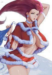 1girls 2021 alternate_breast_size araneesama arm_up artist_signature blue_eyes breasts choker christmas cutesexyrobutts_(style) female female_only hi_res hips holding_object huge_breasts jessie_(pokemon) lipstick long_hair nintendo pokemon pokemon_(anime) red_hair short_skirt simple_background skirt slim_waist tagme team_rocket thick_lips thick_thighs thighs underboob white_background wide_hips rating:Questionable score:251 user:Cero_Oscuras