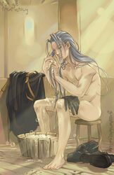  1boy ass bathing bucket closed_eyes commission final_fantasy final_fantasy_vii glassshard gloves indoors long_hair male male_focus male_only naked nude sephiroth silver_hair sitting soap_bubbles soap_suds solo solo_focus sunlight_rays washing wet_hair  rating:explicit score: user:bot