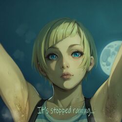  1girls ai_generated armpit_fetish armpit_hair armpits arms_up blonde_hair blue_background bonerhat clothing english_text female_focus full_moon konami lips metal_gear_solid metal_gear_solid_2 moon moonlight olga_gurlukovich sexy_armpits short_hair solo solo_female striped_clothing sweat sweaty_armpits telnyashka text wet  rating:questionable score: user:bonerhat