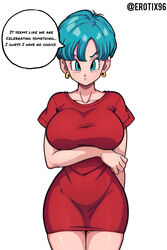  ai_generated big_breasts blue_eyes blue_hair blush breasts bulma bulma_briefs collarbone cute_face dragon_ball dragon_ball_super dragon_ball_z erotix96 female_only hair_between_eyes huge_breasts looking_at_viewer milf mother serious short_hair simple_background solo_female speech_bubble thick_thighs tight_clothing voluptuous voluptuous_female white_background  rating:questionable score: user:erotix96