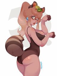 alternate_breast_size animal_ears animal_tail blonde_hair cosplay ear female leaf_on_head leotard mario_(series) nintendo ortamaw ponytail princess_peach solo super_mario_3d_world tagme tail tanooki_peach tanooki_suit rating:Questionable score:271 user:ortamaw