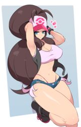 1girls ahoge armpits arms_up black_legwear blue_eyes breasts brown_hair cleavage female female_protagonist hat high_resolution hilda_(pokemon) large_breasts nac000 nintendo pokemon pokemon_bw ponytail shoes short_shorts shorts socks solo thong tied_hair very_high_resolution wristband rating:Questionable score:97 user:TwinkieLord