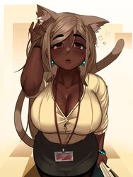 1girls animal_ears big_breasts blush breasts brown-haired_catgirl_(kevbot) cleavage clothed clothing dark-skinned_female dark_skin female female_only fully_clothed humanoid kemonomimi kevbot large_breasts looking_at_viewer mature_female milf miniskirt original solo rating:Questionable score:229 user:justausername